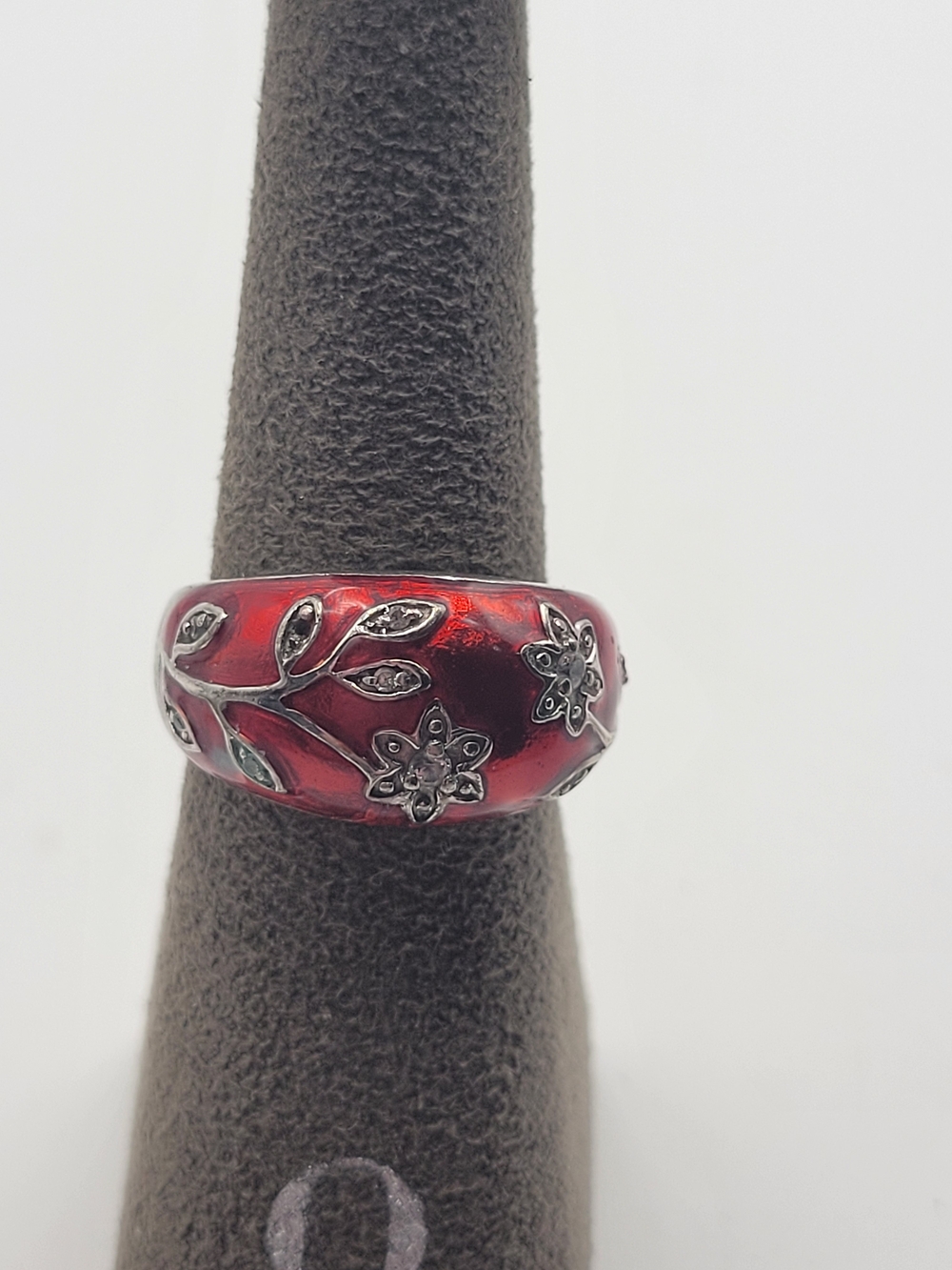 Sterling Silver 925 Red Floral Enamel Band Ring Size 7.75 - Picture 4 of 7